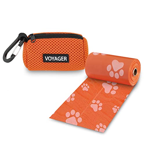 Best Pet Supplies Dog Poop Bag Holder Leash Attachment with 15 Bags, Orange, Reusable Mesh Dispenser Pouch for Travel, Walking, Park, and Outdoor Use, Soft and Durable with Clip-On