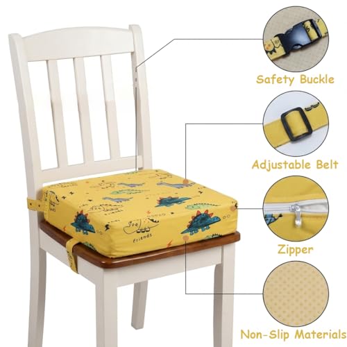 Image of Toddler Booster Seat for Kitchen Chair & Dining Table -Yellow Dino | Firm Support Booster Cushion with Easy-to-Clean Wipeable and Adjustable Straps,Portable Non-Slip Kids Booster Seat for Table