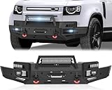 YZONA for Land Rover Defender Front Bumper Compatible with 2020 2021 2022 2023 2024 Landrover Defender 90 110 with Winch Plate, Skid Plate, Sensor Holes, License Plate Frame, 3 x LED Lights & D-rings