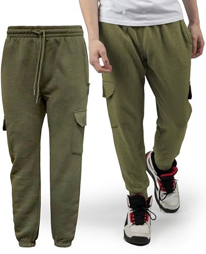 Men's Fleece Elasticated Trouser Sweatpants Cargo Combat Multi Pockets Sports Gym Yoga Jogging Tracksuit Bottoms Joggers (XXL, Khaki)