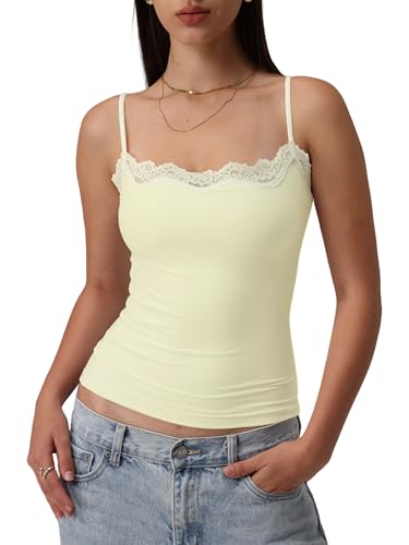 Starrylion Padded Lace Cami Top Double Lined Sexy Tank Top Spaghetti Strap Club Party Shirt Lemon Chiffon Small