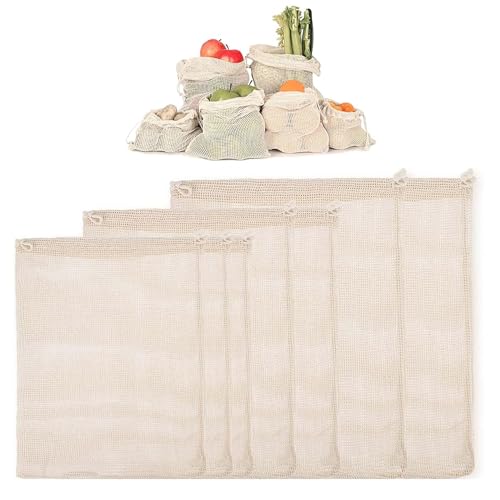 scalingscal 7 Piezas,Bolsas para Frutas y Verduras,Bolsas De Algodón Sostenible,Bolsas De Red De Compras De Algodón con Red De Frutas Beige,para Guardar Frutas y Verduras, Lavable (3 Tamaños)
