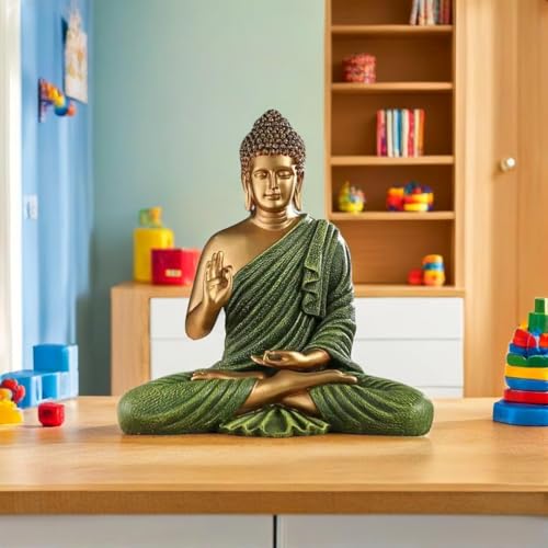 Image of 2 Feet Height Antique Meditating Buddha Idol for Home Decor Big Size, Black Ceramic Murti, Meditation Buddha Statue, Home Garden Decor (Green & Golden)