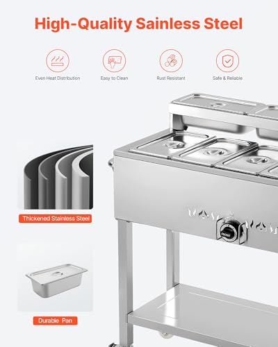 Image of VEVOR Commercial Propane Steam Table, 5 Food Pans & 3 Condiment Pans, LP Gas Outdoor Soup Warmer with Drain Valve and 3 inch Wheels, Stainless Steel Propane Food Warmer with Adjustable Temp for Outdoor