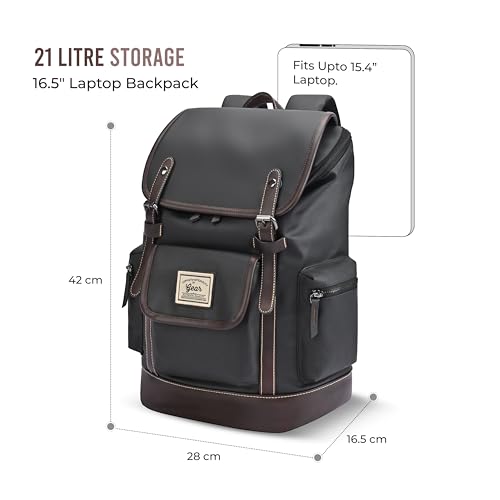 Image of Gear Classic 16.5 inch /21L Medium Water Resistant Faux Leather Anti Theft Knapsack | Laptop Bag | Casual Bag | Travel Bag for Men /Women (Black - Brown)