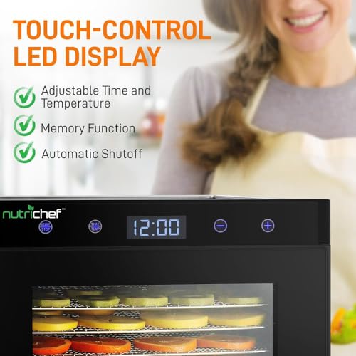 Image of NutriChef Countertop Electric Food Dehydrator Machine | Dehydrate Beef Jerky, Meat & Dog Treats | 6 Shelf Extra Large Capacity - Stainless Steel Trays | 600-Watts, Digital Timer & Temperature Control