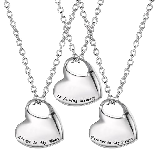 Homaisson Cremation Urn Necklace for Ashes, 3-Pack Heart-Shaped Memorial Urn Jewelry Set with Adjustable Stainless Steel Chain, Engraved Keepsake Pendant for Loved Ones
