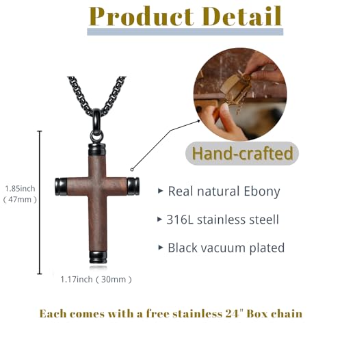 Wooden Cross Necklace for Men, Real Handmade Ebony Wood Cross Pendant Necklace Black Stainless Steel Chain, Christian Baptism Mens Cross Necklaces, Including 24 Inch Box Chain2