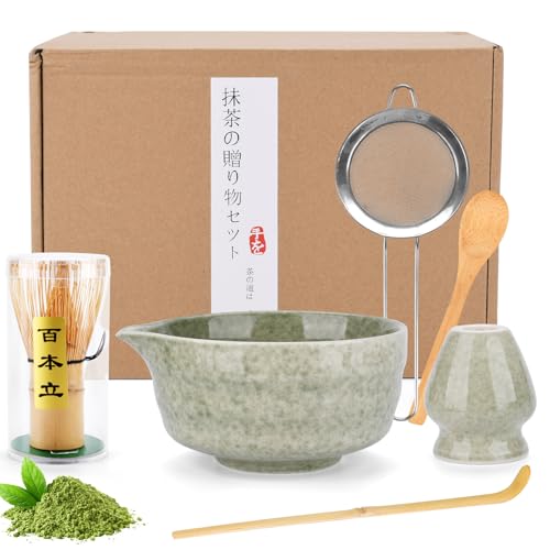 BBWELL Kit de cerimónia japonesa de matcha de 6 peças, conjunto de matcha com tigelas de matcha, peneiro, suporte para batedor, batedor de matcha de bambu, colher e pá, conjunto de presente para