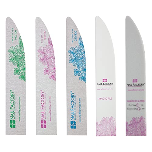 NAIL Factory – Set of 5 Double-Sided Files, Each of Different Grits, Includes Buffer File and Magic Shine File, 5 Pieces