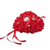 Amosfun Wedding Ring Pillow Ring Pillow Lace Crystal Rose Wedding Heart Ring Box Ring Holder Wedding Accessories (Red)