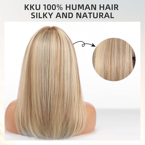 Image of KKU 16 Inch Human Hair Wig,Human Hair Wigs,Human Hair Wig With Bangs, Lady Wigs Human Hair, Real Hair Wigs For Women