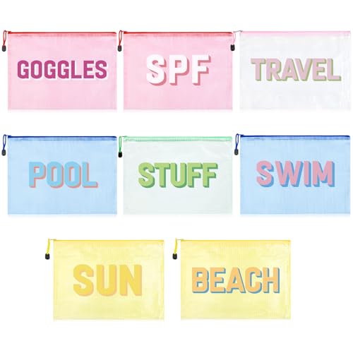 8PCS Beach Makeup Bags SPF Cosmetic Bags for Women Girls Summer Varsity Zipper Pouch Clear Waterproof Beach Toiletry Organizer Trendy PVC Makeup Bag for Travel Sandproof Essential