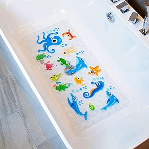 BeeHomee Cartoon Non Slip Bathtub Mat for Kids - 34x15 Inch XL Large Size Anti Slip Shower Mats for for Toddlers Children Baby Floor Tub Mats (Blue Ocean) Cover