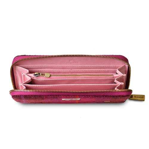 Image of Islander HarrisTweed & PU Leather women's long zip purse, Carry Cash & card, Scottish Style, Fuchisa Tartan