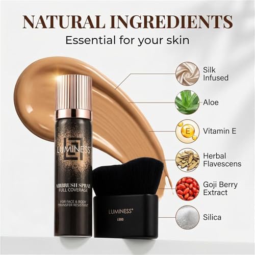 LUMINESS Transfer Resistant Airbrush Body Coverage Perfector/w Kabuki Brush - Tattoo Cover Up Makeup Waterproof Full Coverage Foundation for Leg and Body, Bronzer & Tattoo Concealer, 18-Hour Wear