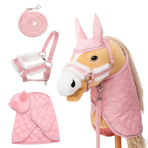 Hoofly Hobby Horse Zubehör Set Halfter mit Strick Decke & Fliegenhaube in Pink für Hobby Horses [TÜV geprüft] Ideal für Spiel Training & kleine Turniere