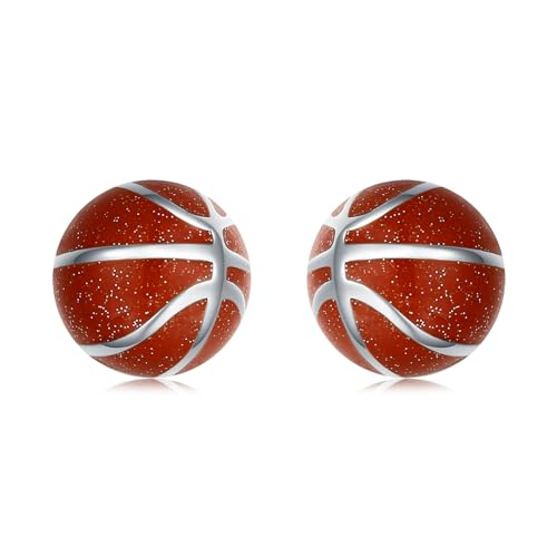 925 Sterling Silver Ball Earrings Glitter Volleyball/Soccer/Football/Basketball/Baseball Earrings Sports Jewelry for Women Gifts Player Lover Hypoallergenic (Basketball Stud) -  Salloog