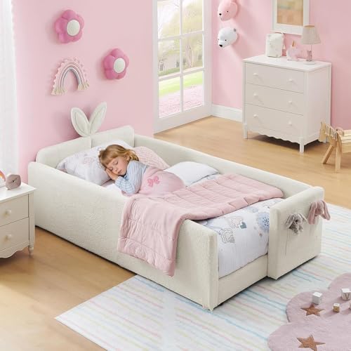 Image of Twin Size Bed Frame for Kids, Upholstered Daybed Frame Floor Bed with Safety Rails and Storage Pocket Cute Rabbit Ear Shaped Headboard for Kids Teens Boys Girls, Beige