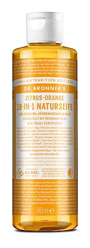 Dr. Bronners 18-IN-1 Naturseife | Zitrus Orange | Organic Flüssigseife | Vegan | Bio | Duschgel Handseife Shampoo und vieles mehr | Mit Bio Kokos- Oliven- und Jojobaöl | 240 ml