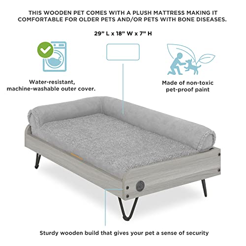 Wooden Dog Bed With Water Resistant Mattress, Small To Medium Elevated Pet Bed With Calming Mattress, Greenguard Gold Certified, Modern Dog Couch, Silver, Asher - Tailzzz #TOP3