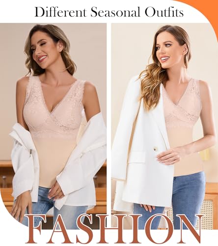 Image of Slimming Tank Top for Women V Neck Lace Camisole Tops with Built in Bra Cami Vest Base Layer