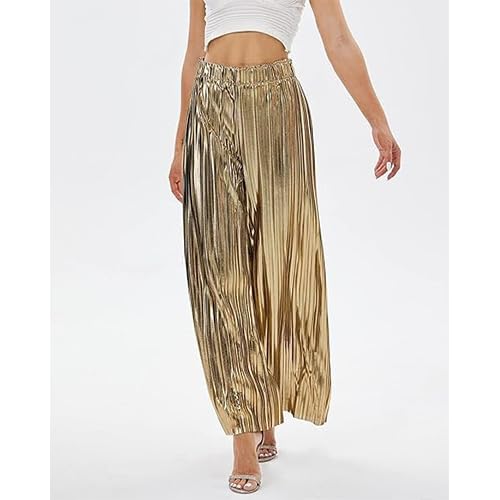 Women's Shiny Pleated Wide Leg Pants Party High Waist Casual Women's Clubwear2