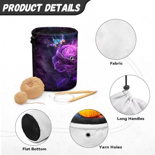 Image of Sellikakes Yarn Bag with Drawstring, Purple Rose Small Crochet Storage Organizer Knitting Bag Yarn Skein Organizer Chrochet Yarn Holder Knitting Accessories Sewing Supplies