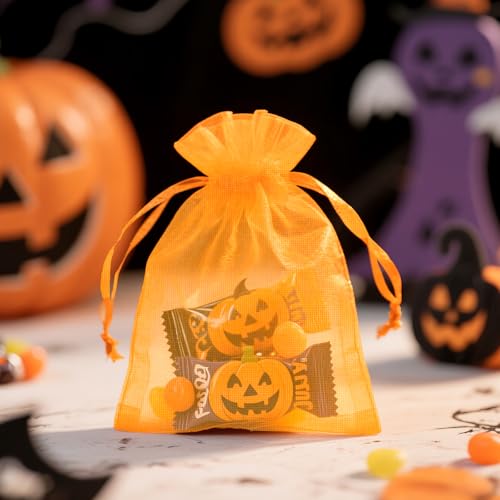 Image of joycraft 50Pcs Orange Organza Bags - 2.7x3.5 Inch Drawstring Halloween Pouch with Mesh, Small Organza Gift Pouch for Thanksgiving, Wedding Favors, Jewelry Display, Candy Bags