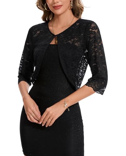 Image of MINTLIMIT Women's Elegant Floral Lace Shrug Bolero Summer Lightweight 3 /4 Sleeve Hook Open Front Cropped Cardigan for Dresses