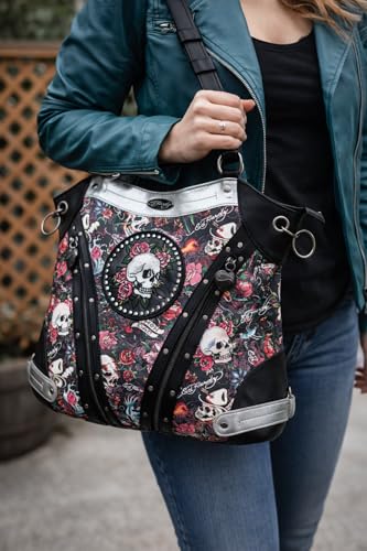 Bolso Hobo Ed Hardy Negro con Estampado Floral y Calaveras miniatura 2