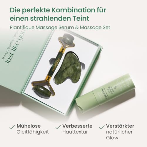 PLANTIFIQUE Jade Gesichtsroller und Gua Sha Stein Set - Natürliches Jade Face Roller & Guasha für Lymphdrainage und Massage Gesicht, Augenroller - Gesichtsmassage Roller 3