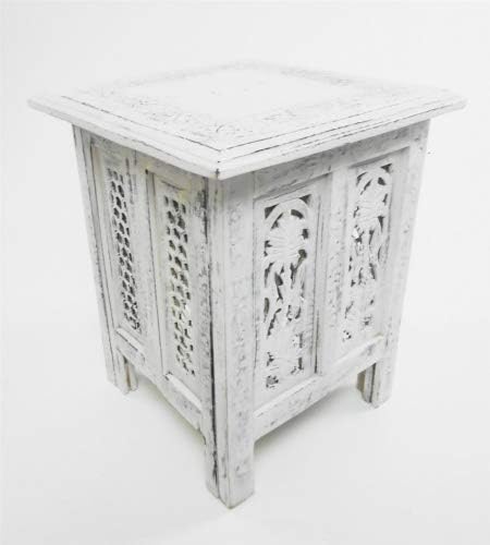 Indian Wooden Side Table with Beautiful Hand Crafted Antique Effect Small 38x38x46 Bianco