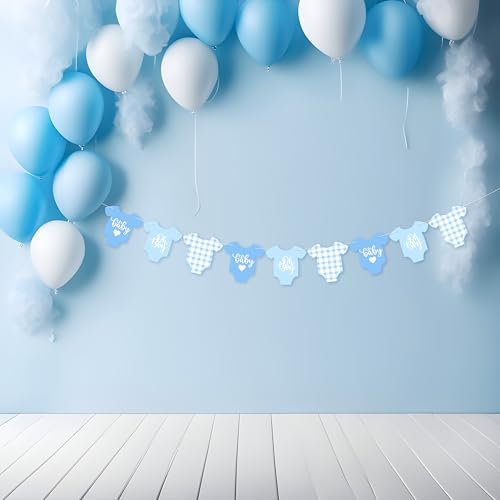 Image of Blue Gingham Baby Shower Banner, 9 Pieces Baby Blue Babysuit Garland Banner for It's a Boy Baby Shower Decoration