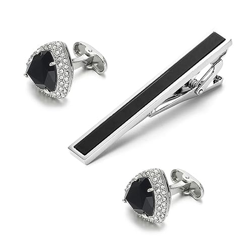 Gemelos con clip de corbata para hombre en acero pulido con diamantes 2