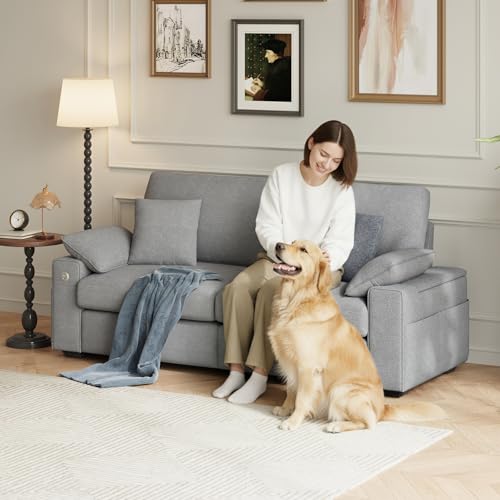 Image of MALOL 89 inch Loveseat Couch, 3 Seater Upholstered Midcentury Mondern Love Seat with USB Type C Ports, 4 Pillows and Storage Armrest Cloud Foam Sofa for Living Room /Small Spaces, Grey | Breathable material