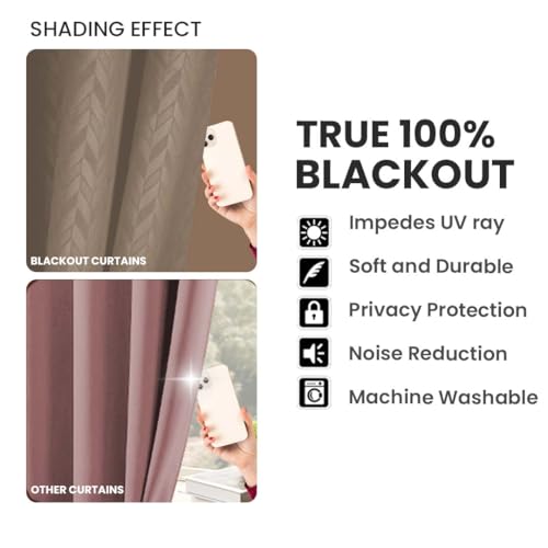 Image of LINENWALAS 100% True Blackout Curtains 6 Feet Long - Set of 2 Panels, Herringbone Embossed Design Complete Light Block Thermal Insulated & Noise Reducing Room Darkening Curtains (Light Brown)