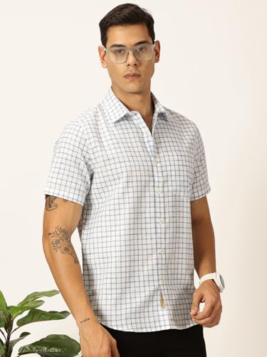 Image of Thomas Scott Men's | Checks | Half Sleeve | Slim Fit | Linen Blend | Spread Collar | Casual Shirt