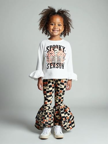Image of Unique Baby 2 Piece Girls Double Bell Bottom Leggings Outfit with Long Sleeved Shirt Kid and Toddler Clothes Set