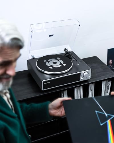 Image of QLEARSOUL ONE-Q Vinyl Record Player (Black), All-in-one HiFi Turntables with Built in Speakers, Bluetooth 5.4, Phono Preamp, Magnetic Cartridge AT-3600L, 33 /45 RPM Two Speed, Aux-in, Auto Off