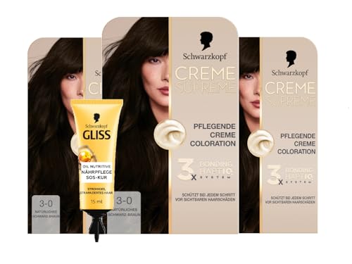 Schwarzkopf Creme Supreme Coloration 3-0 Natürliches Schwarz-Braun (3x182 ml), dauerhafte Haarfarbe & GLISS SOS-Intensiv-Kur Oil Nutritive 15ml, natürlicher Glanz und Geschmeidigkeit