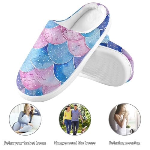 JUNZAN Glitter Blue Pink Mermaid Scales Mens House Cotton Slipper Non Skid Memory Foam Bedroom Shoes for Spa Funny Presents 6-73