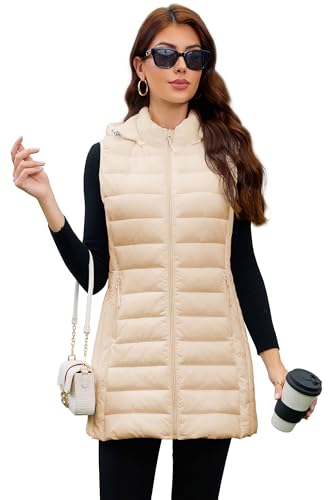 MODERN BUBBLE Packable Long Puffer Vest Women With Hood Sleeveless Lightweight Jacket Womens Winter Vest (US, Alpha, Small, Regular, Regular, 016-Beige)