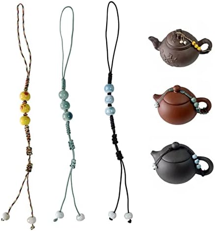 3PC Handmade teapot rope，Kung Fu tea ceremony ceramic teapot cover rope with porcelain beads，Ceramic cup rope