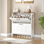HOOBRO Armoire à chaussures à glissière, rangement étroit avec portes à arches, étagères réglables, organisateur d'entrée pour Hallway, petits espaces, blanc et noyer WH42SC01