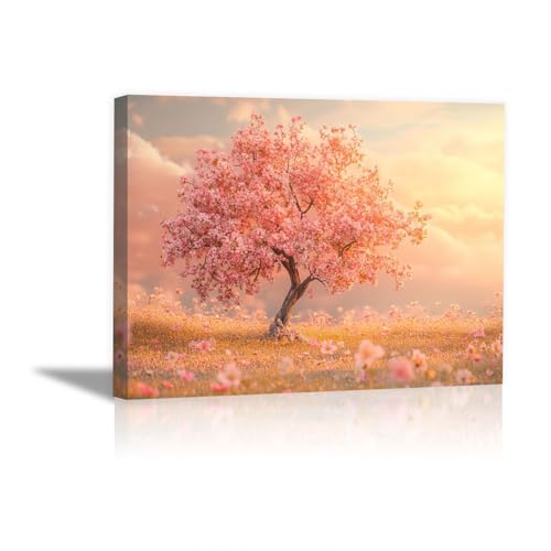 Tableau sur toile paysage arbre fleuri rose pour decoration murale de salon 30x45cm