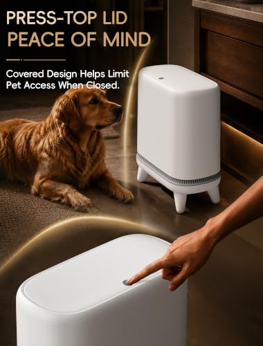 Image of Small Bathroom Trash Can with Lid, Dog Proof Slim Press Top Garbage Can, White Plastic Narrow Waste Basket, for Bathroom Bedroom Office Raised Legs 4.8 Gal with 5 Roll 75 Trash Bags