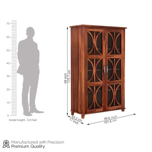 Image of SONA ART & CRAFTS Sheesham Wooden Crockery Cabinets with Glass Door | Wooden Showcase Almirah | Solid Wood Book Shelf Crockery Unit for Kitchen Living Room (Honey Finish-CC04)