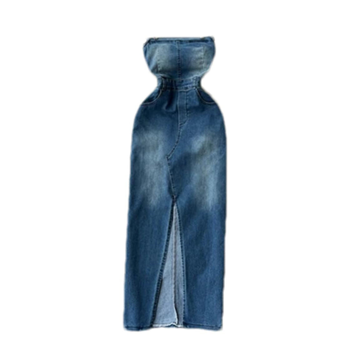 Robe en jean sans bretelles ligne A avec dos nu plongeant