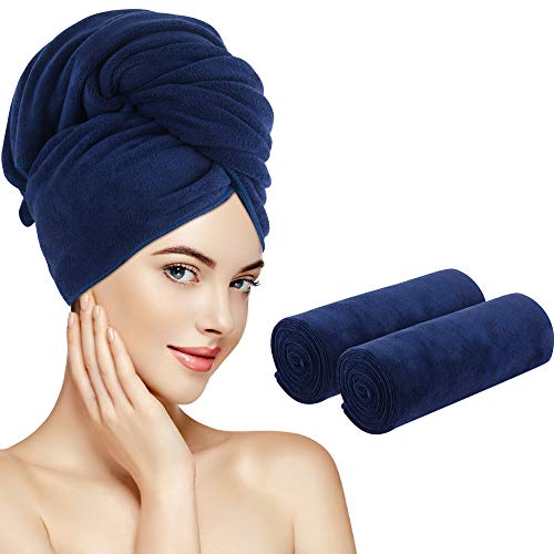 SUNLAND Microfiber Hair Towel 40 X 20 inch 2 Pack Navy Blue